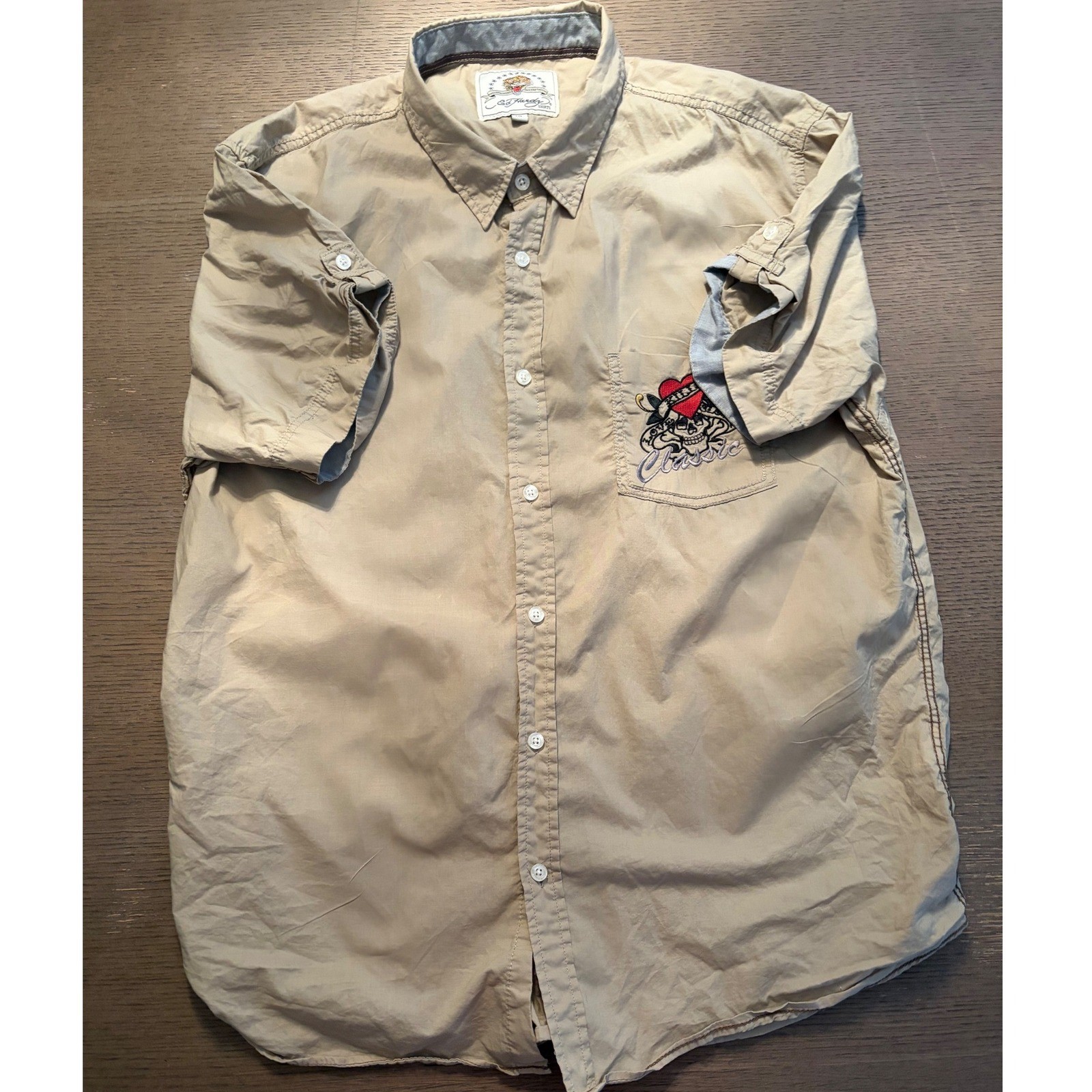 Ed Hardy Mens Tan Short Sleeve Button Down Shirt Love Kills Slowly Skull XL