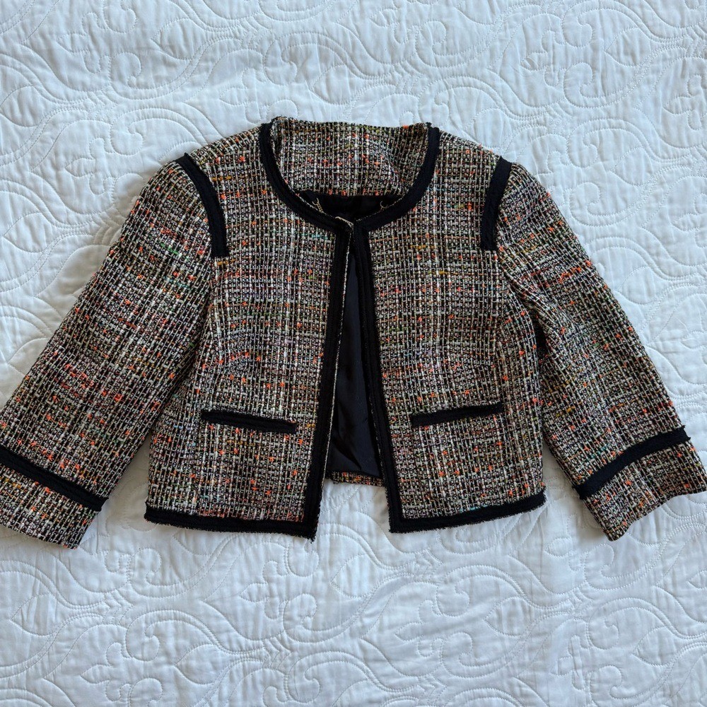 Trina Turk Multicolor Tweed Black Trim Cropped Career Blazer Jacket Womens 0 EUC