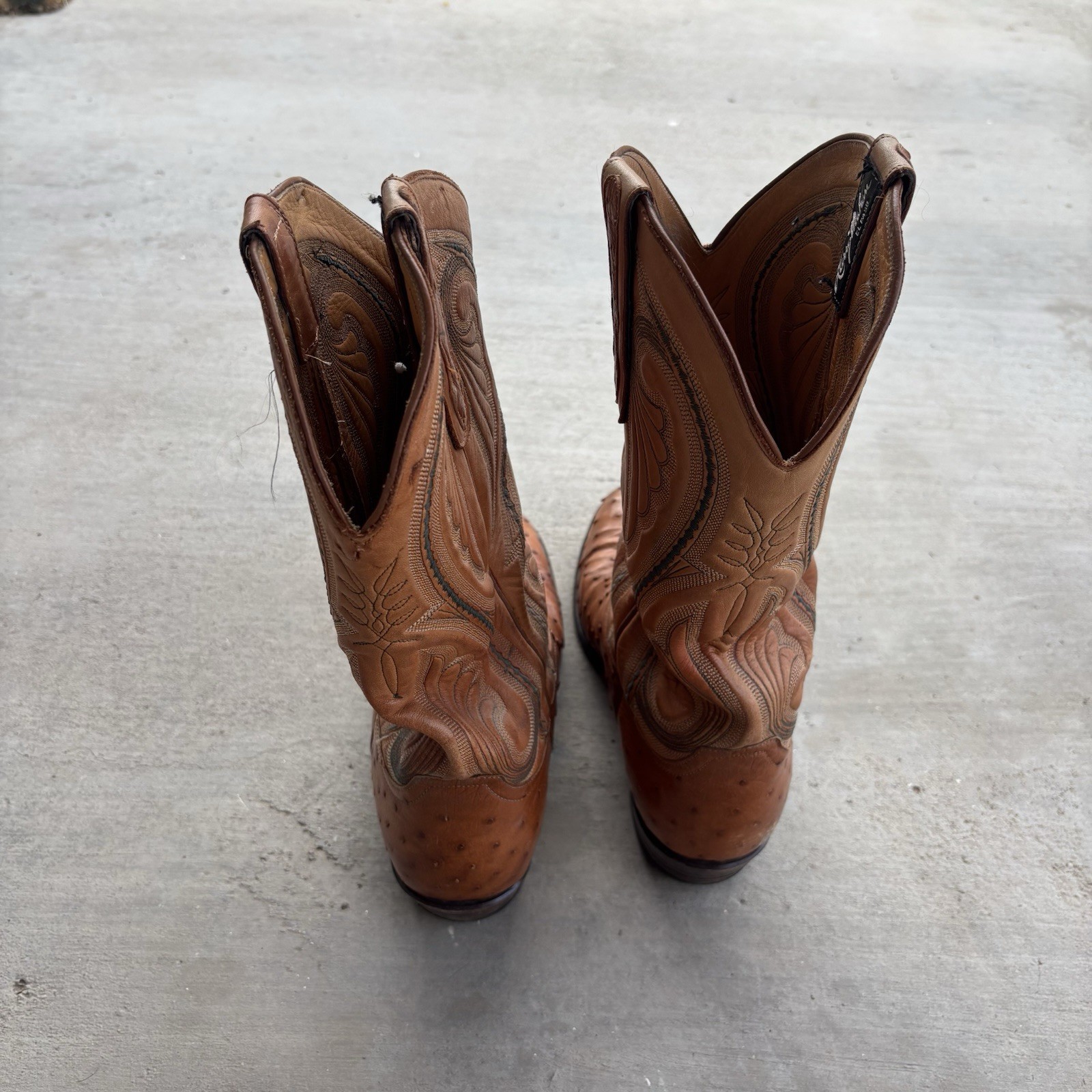 Larry Mahan Full Quill Ostrich Leather Cowboy Boots Cognac Brown Sz 9.5 Vintage
