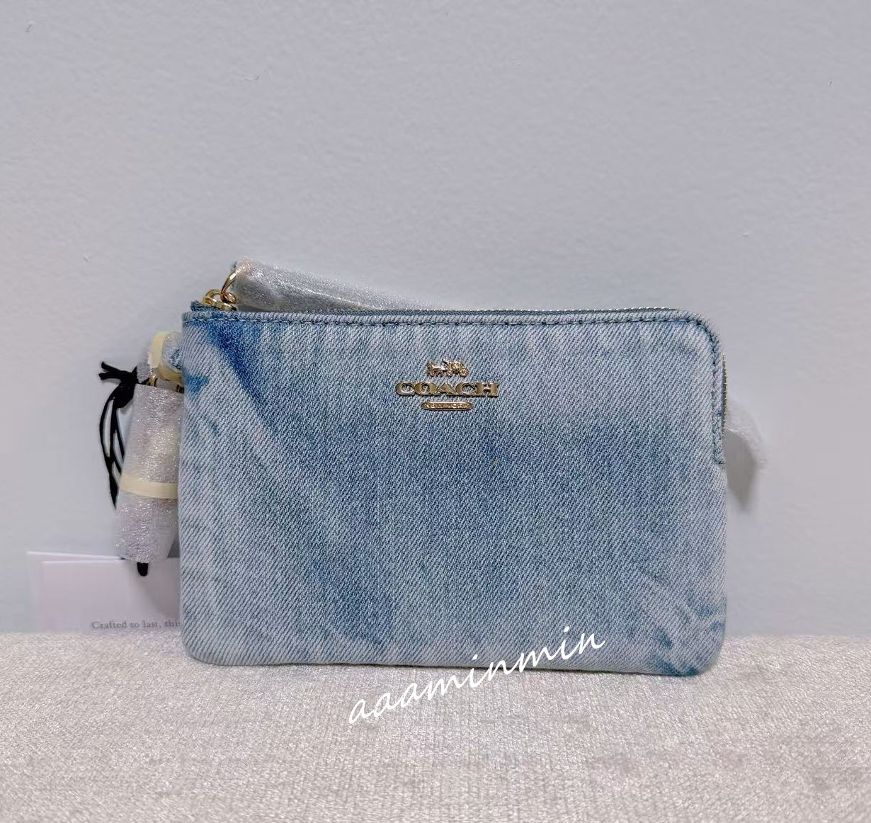 NWT Coach Corner Zip Wristlet In Loved Denim With Charms CEF82-Denim/Gold/Light