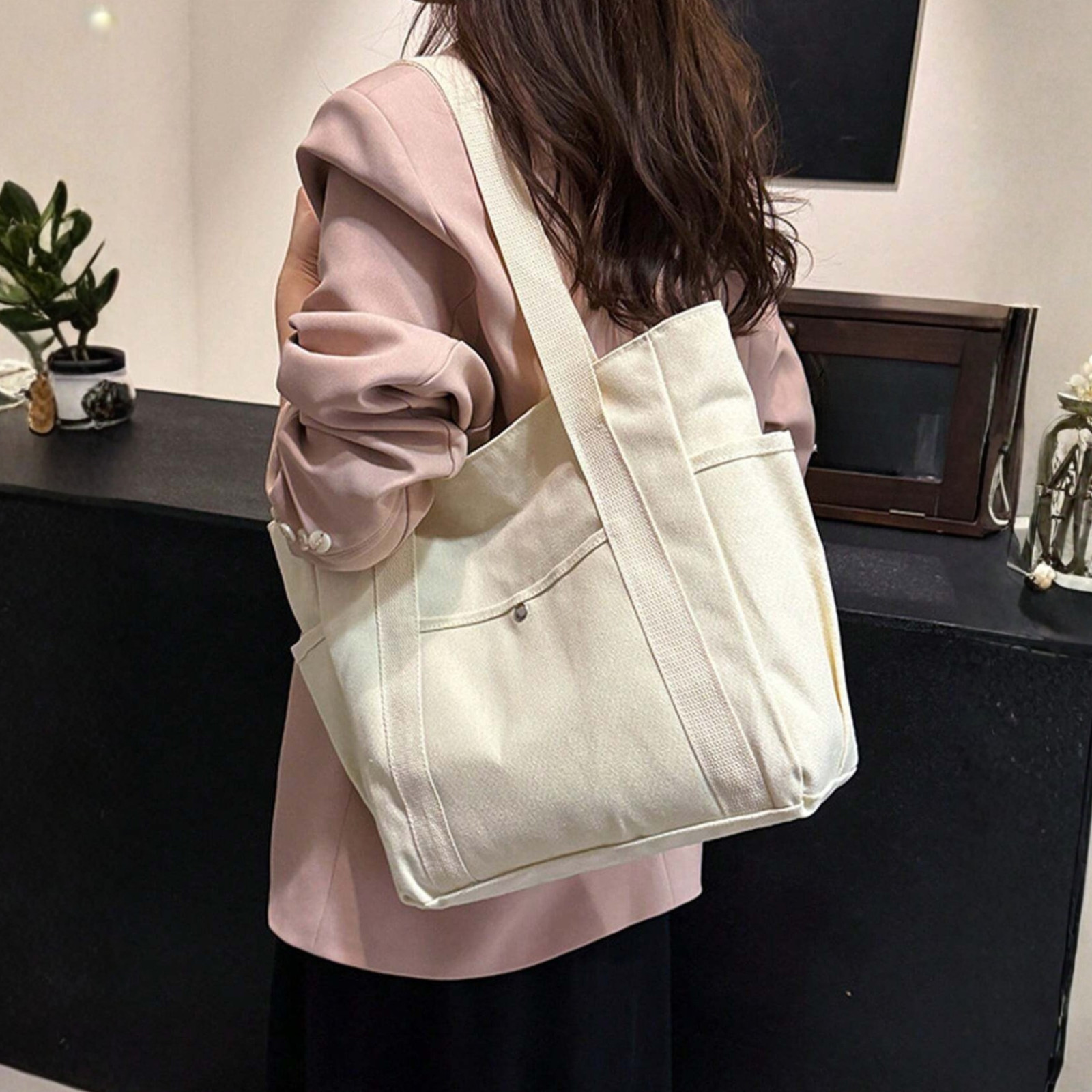 Large Capacity Canvas Tote Bag Multi-Pocket Shoulder Bag Portable Women Handbag
