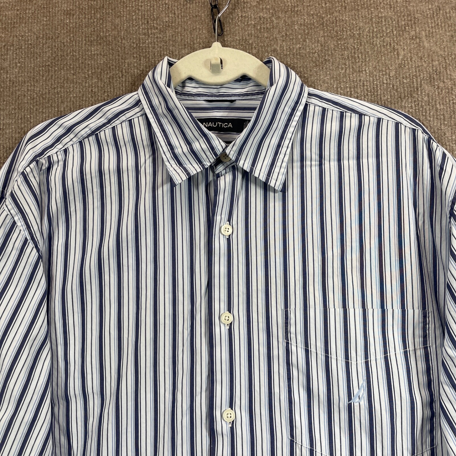 Nautica Shirt Mens Large Blue Stripe Button Up Dress Two Ply Cotton Preppy
