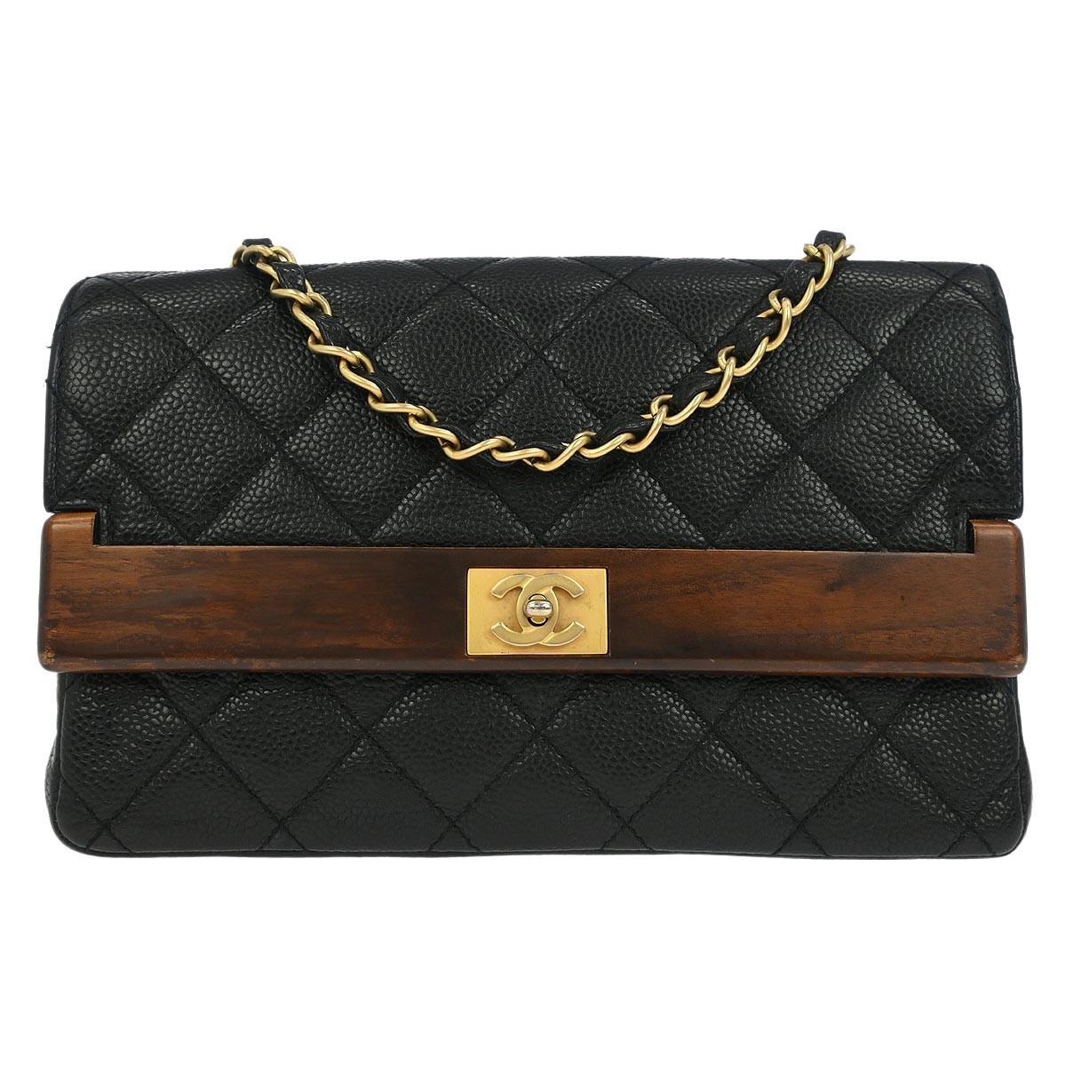 Chanel Black Calfskin Wood Straight Flap Shoulder Bag 154971