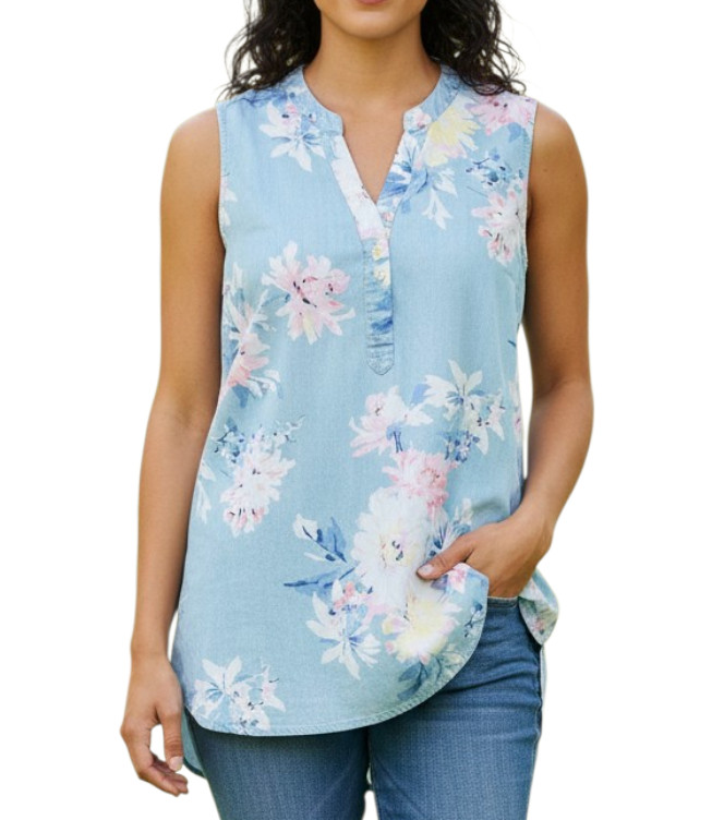 JOULES Blue Chambray Floral TILDA POPOVER TOP Notch Neck Slit Hem Cotton US-10
