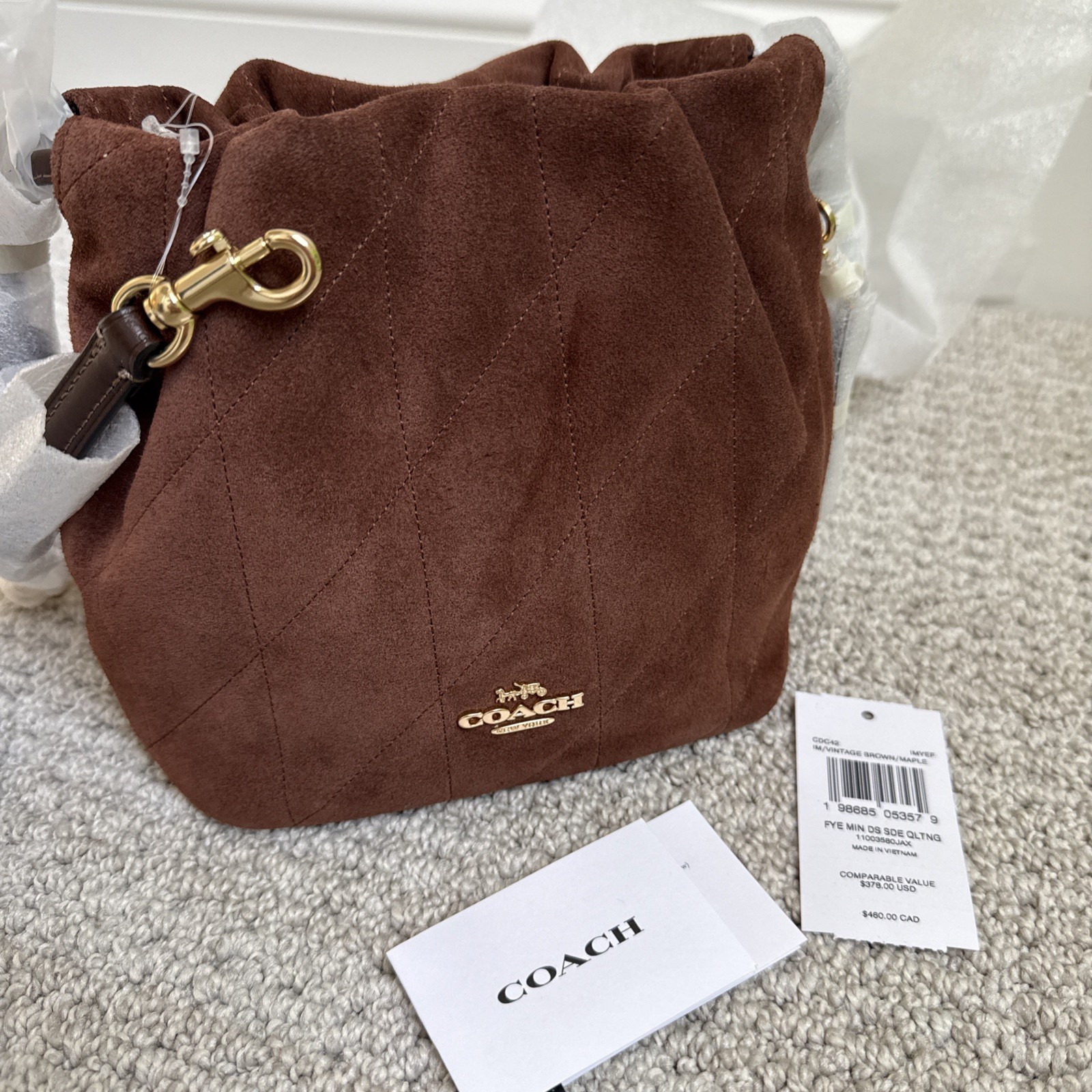 🤎 NWT COACH Faye Mini Drawstring Bag With Quilting Suede & Leather CDC42 Brown