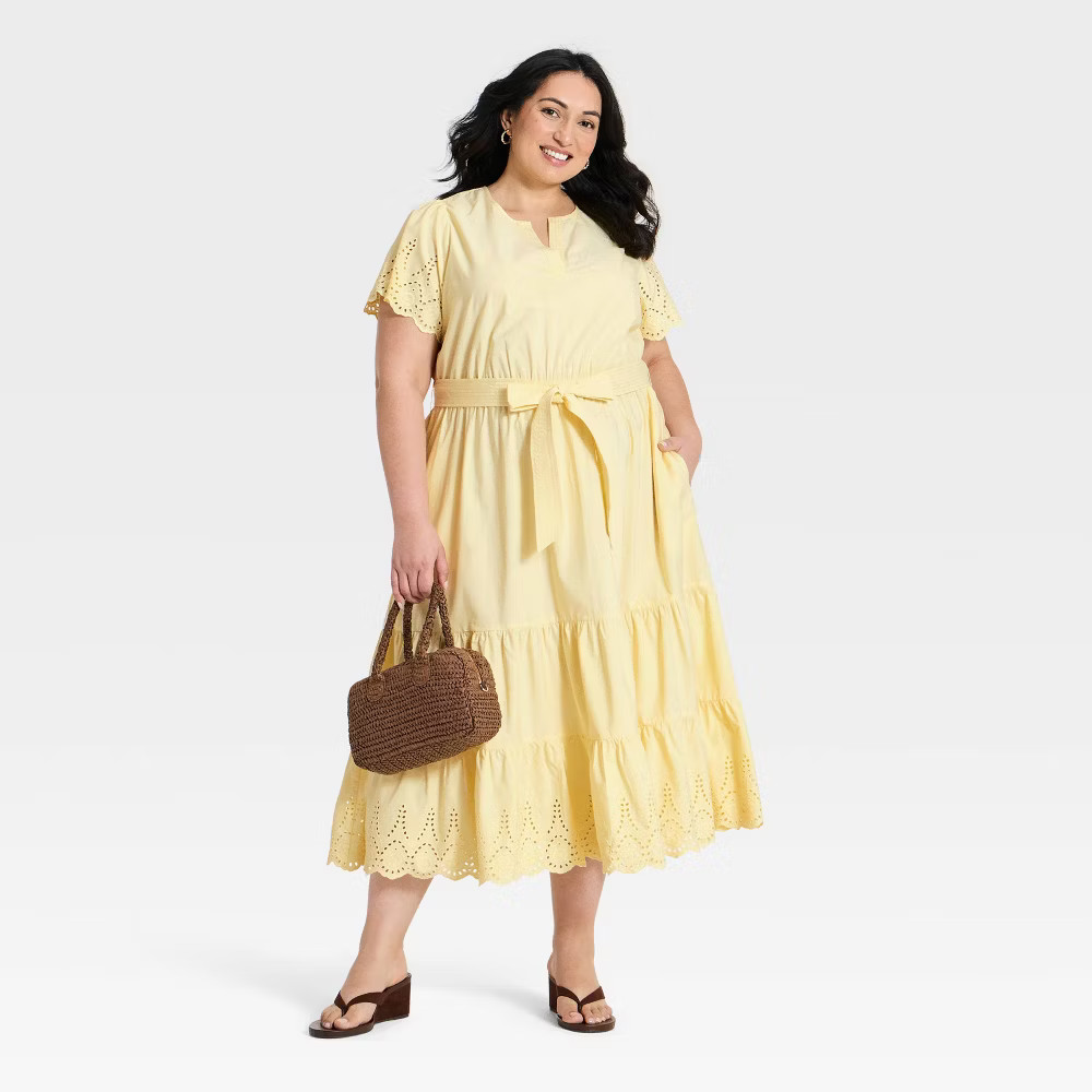 Women Short Flutter Sleeve V-Neck Front Tiered Eyelet Midi Dress – Ava