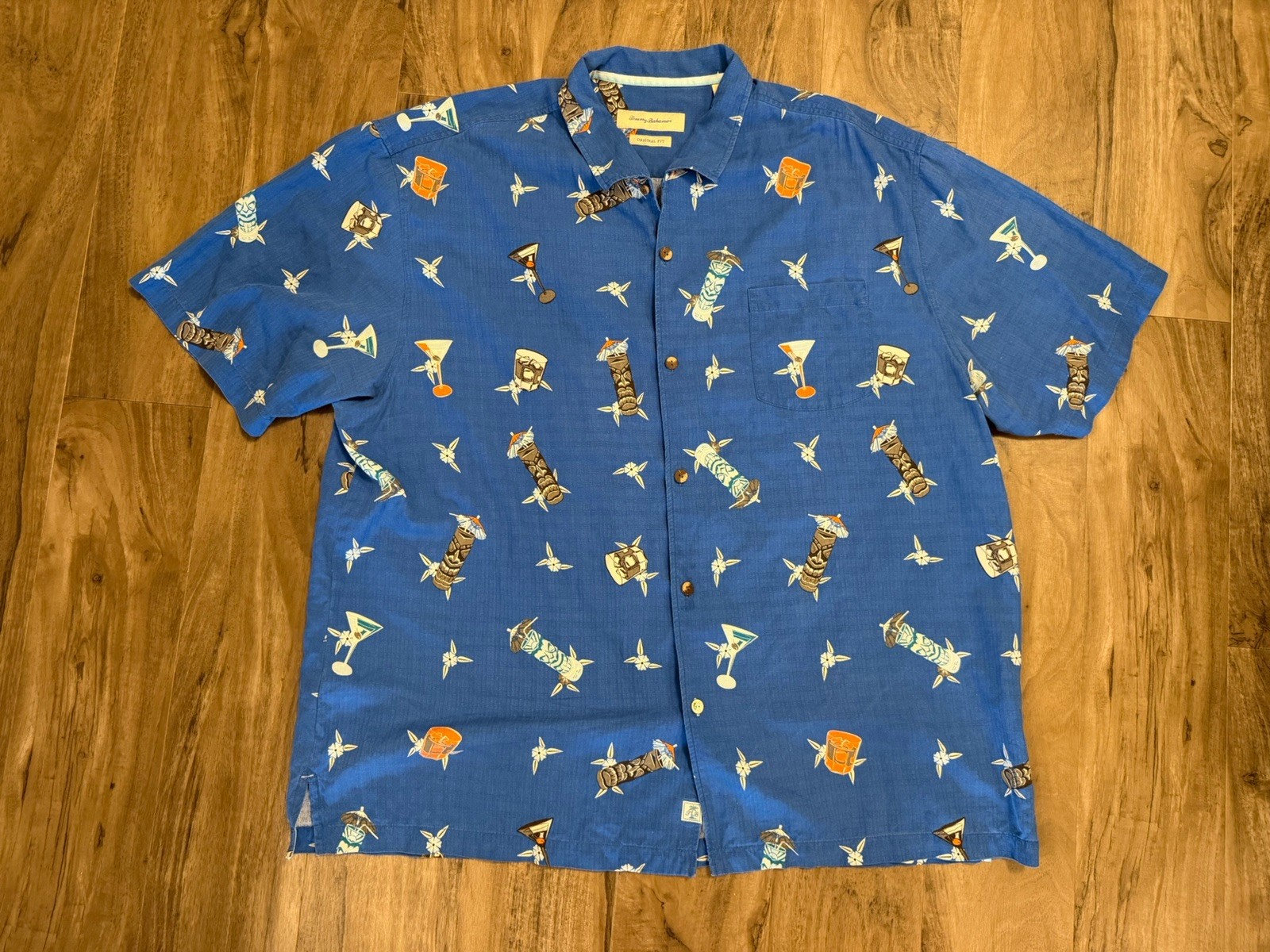 Tommy Bahama 100% Silk Hawaiian Shirt Blue Martini Print 3XL Tropical Aloha