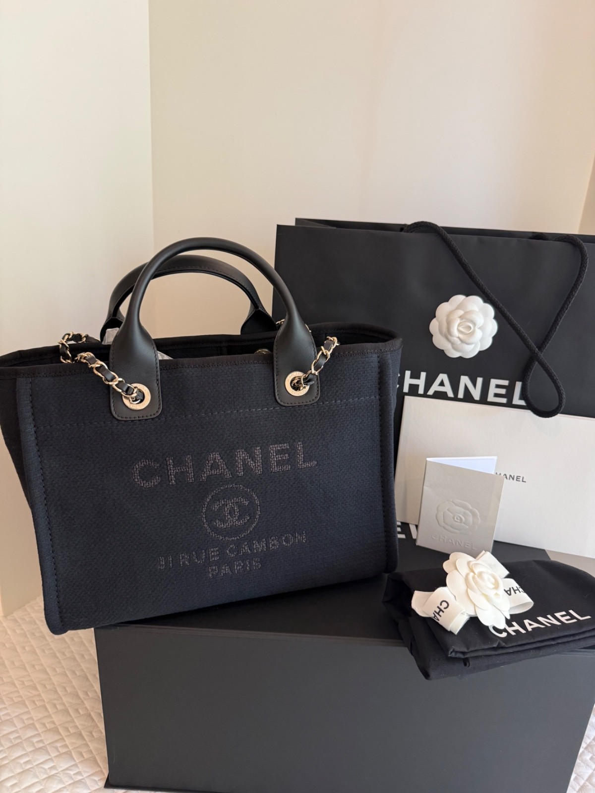 NIB CHANEL Deauville Tote Bag “New Small” Black on Black with Champagne Hardware