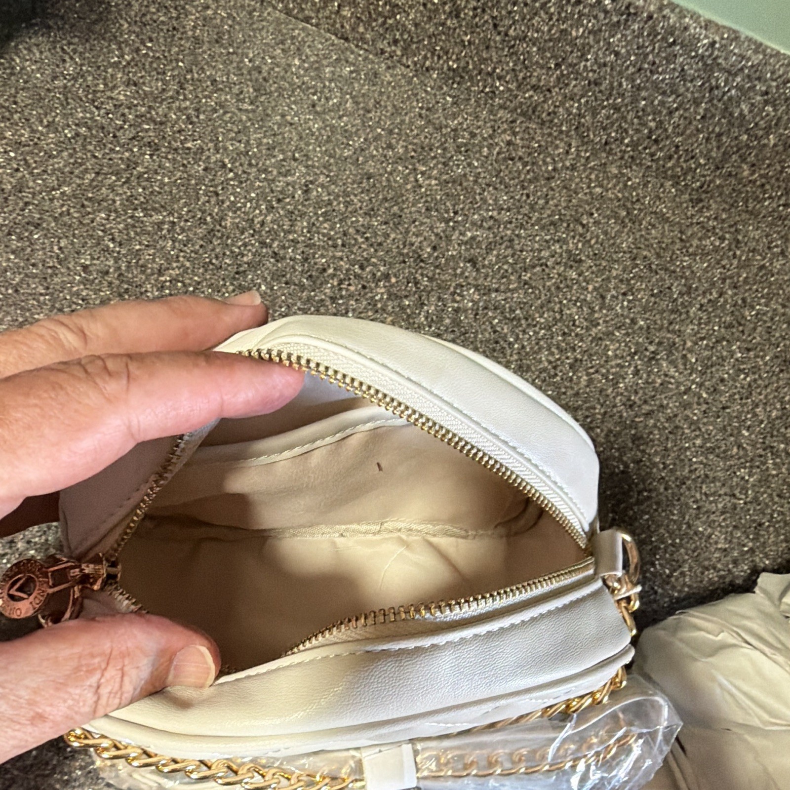 Beige Quilted Crossbody Bag Zip Closure Gold Chain Detachable Strap Logo