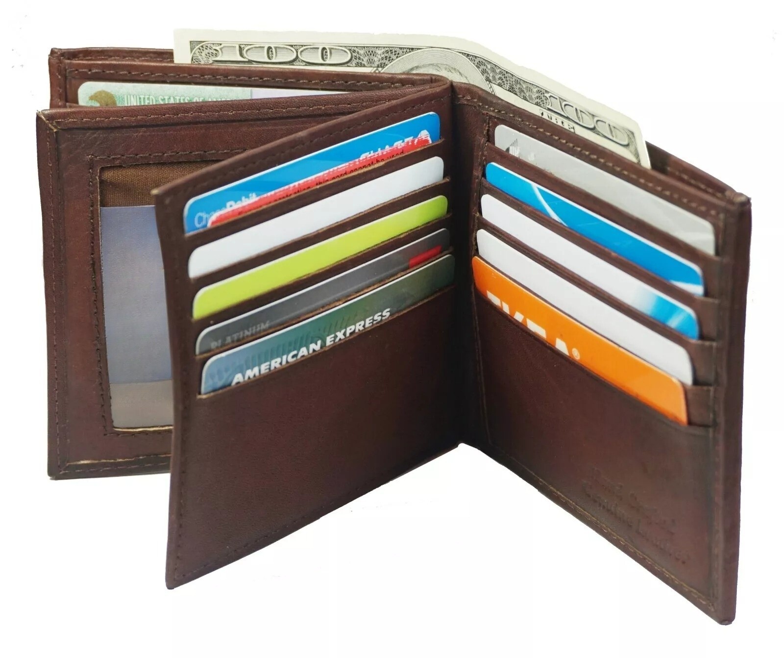 Genuine Leather Mens Bifold 2 ID’s multi Card Double Flap Wallet Brown AH99