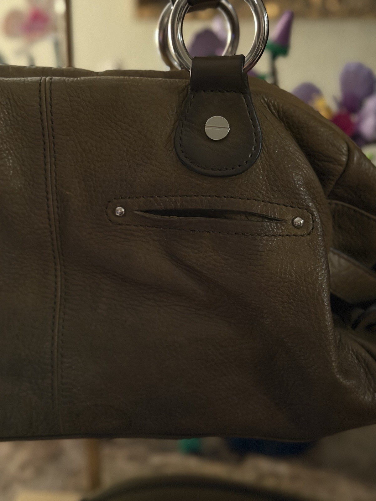 B. Makowsky Olive Green Pebbled Satchel Top Handle Zip Silver Detach Strap
