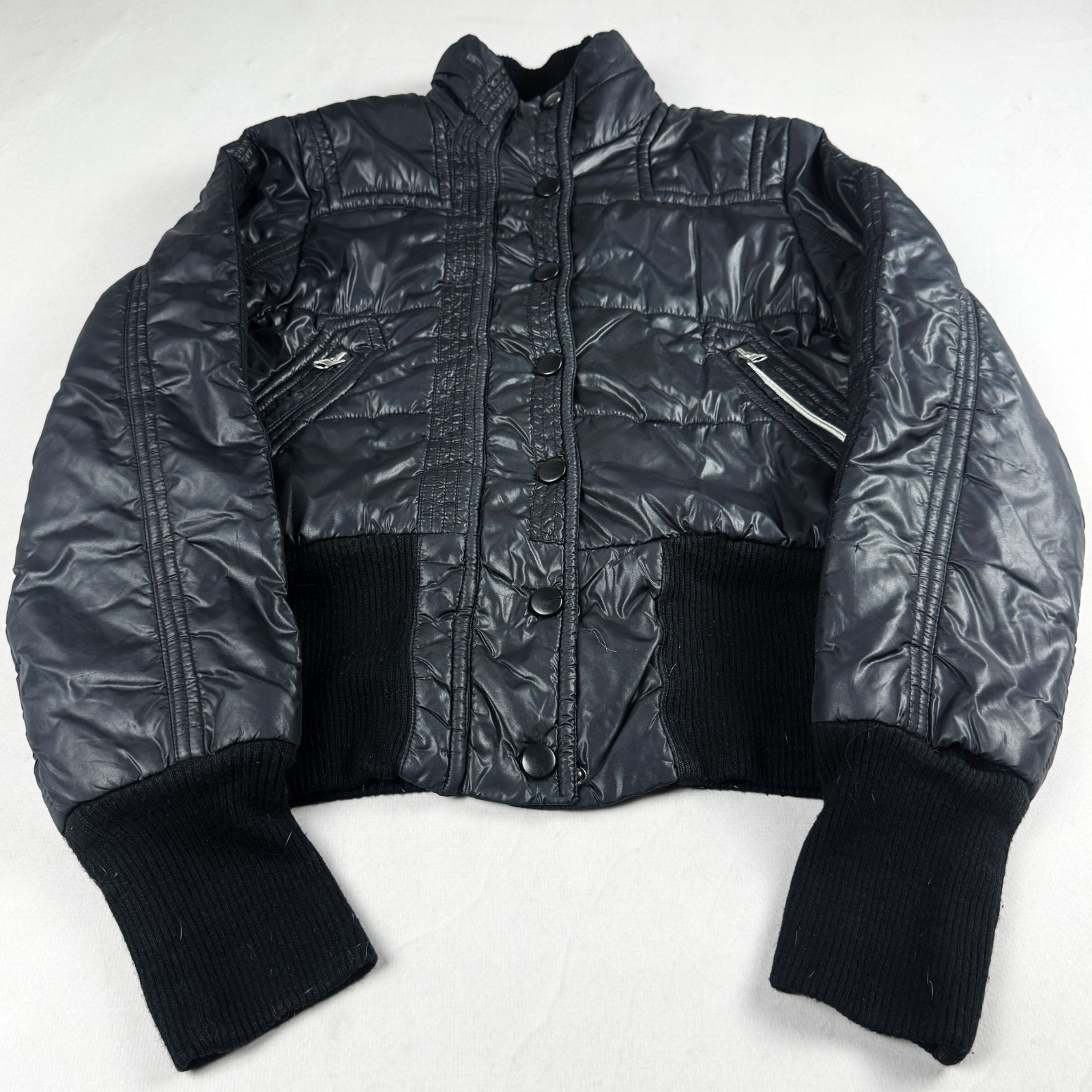 Womens Vintage Black Cropped Puffer Jacket Quilted Bubble Coat Y2K Streetwear