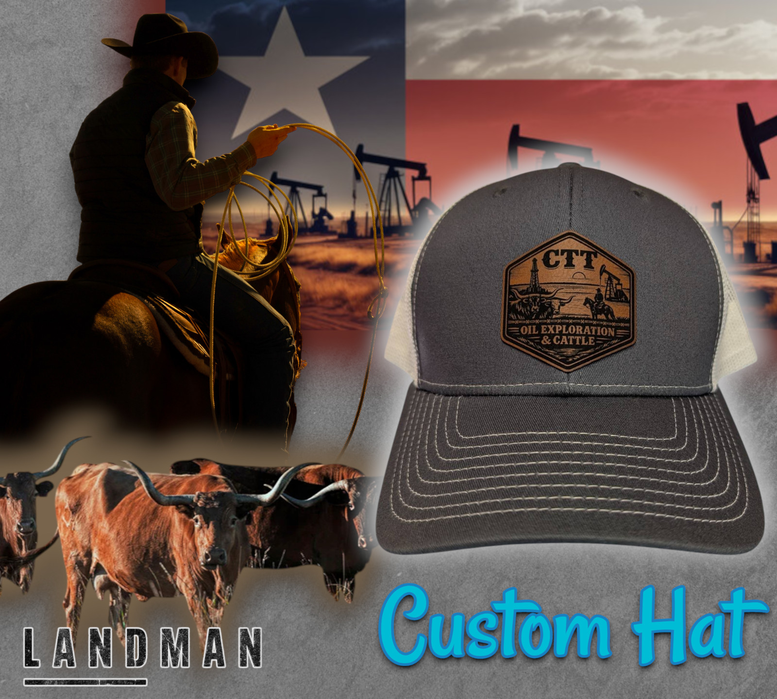 Custom Hat Trucker Baseball Cap Leather Patch CTT Oil Exploration & Cattle Texas