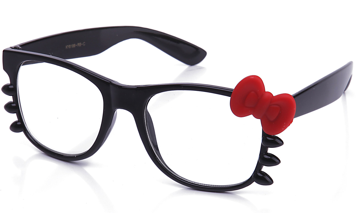 Clear Lens Glasses Black Glossy Frame Matte Rubber Bow & Whiskers Accents