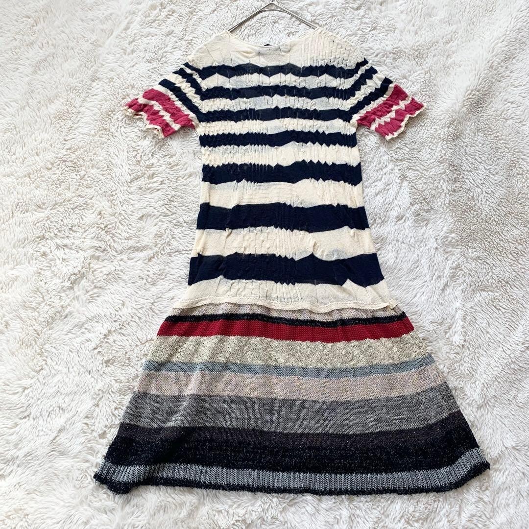M.&KYOKO Silk Blend Short Sleeve Striped Knee Dress Size 1 Ivory Navy Pink Auth