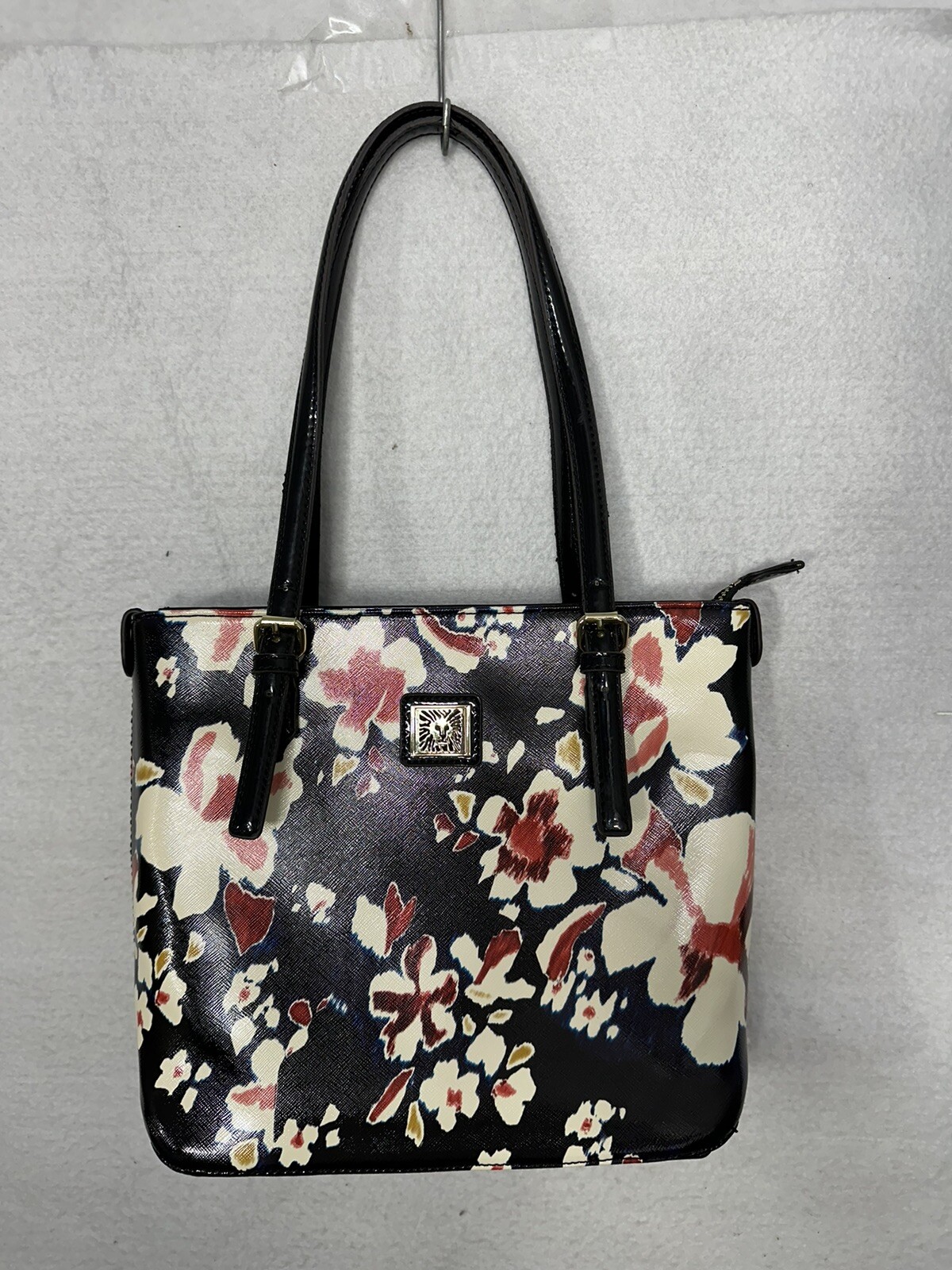 Anne Klein Shoulder Tote Bag Black Multi-Color Floral Purse Medium Adjustable