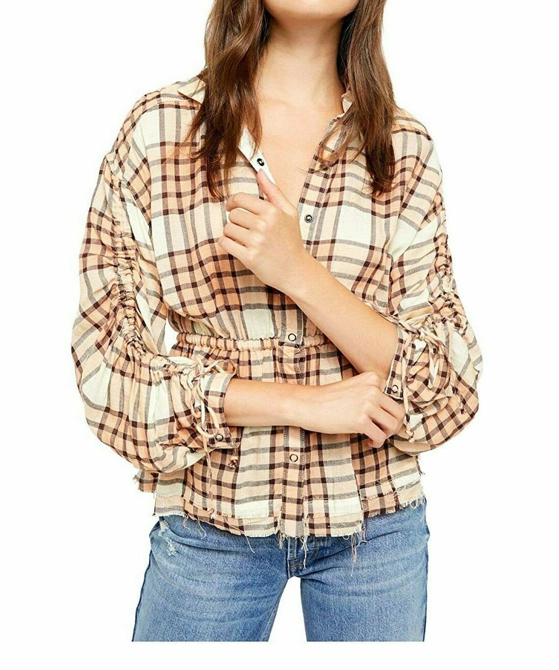 Free People Women’s Pacific Dawn Plaid Shirt Peach Tree