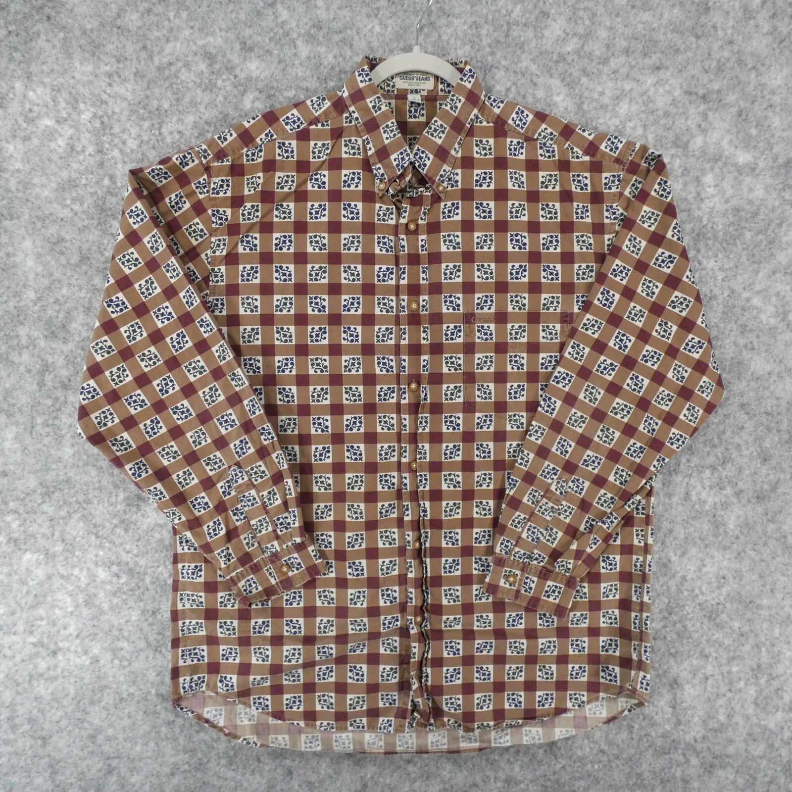 Guess Shirt Large Mens Long Sleeve Button Up Brown w/ Geo Check