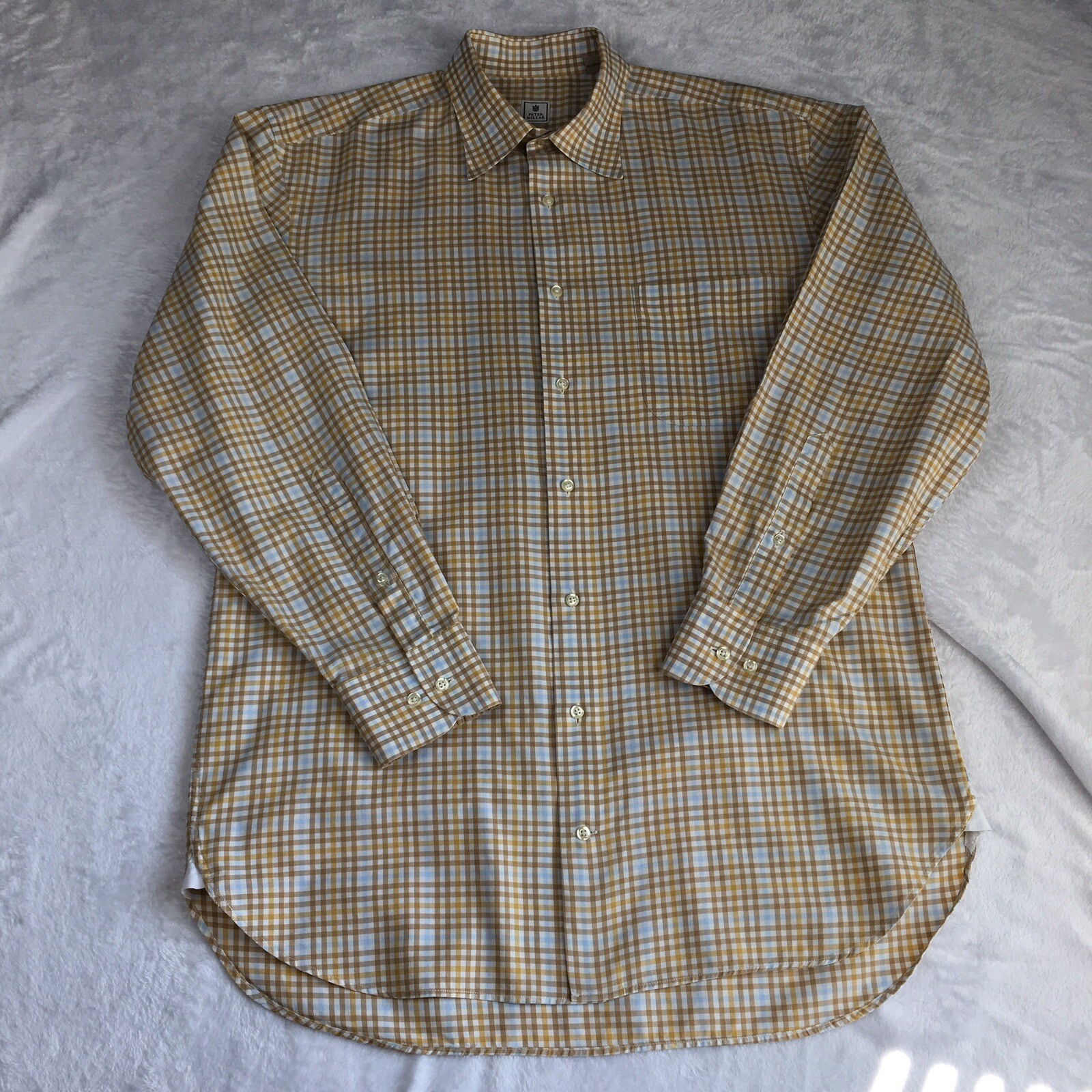 Peter Millar Dress Shirt Mens Medium Tan/Lt. Blue Checks Long Sleeves