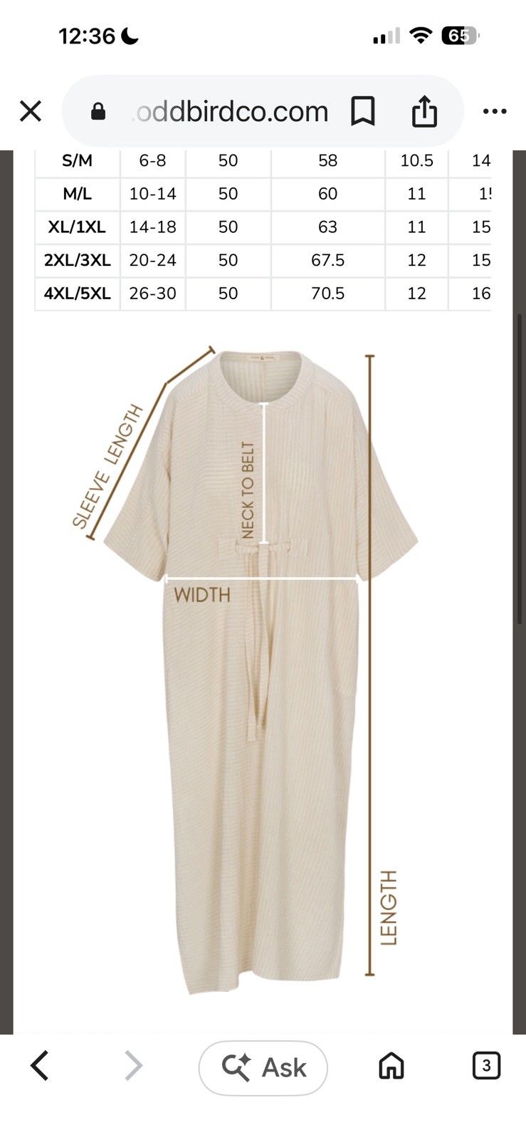 Odd Bird Ruya Tunic Dress XS/S Ivory Organic Cotton Gauze Belted Caftan