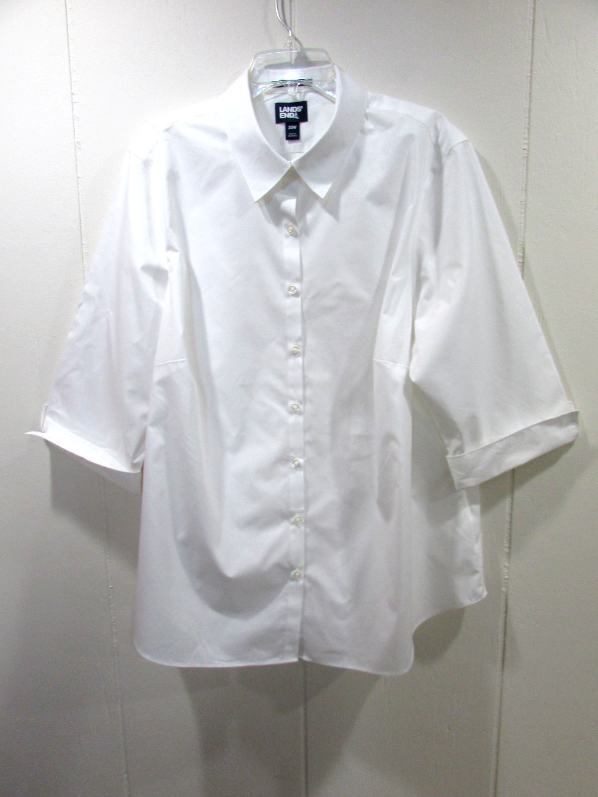 Lands End Womens Blouse Size 20W White Wrinkle Free Broadcloth 3/4 Sleeve