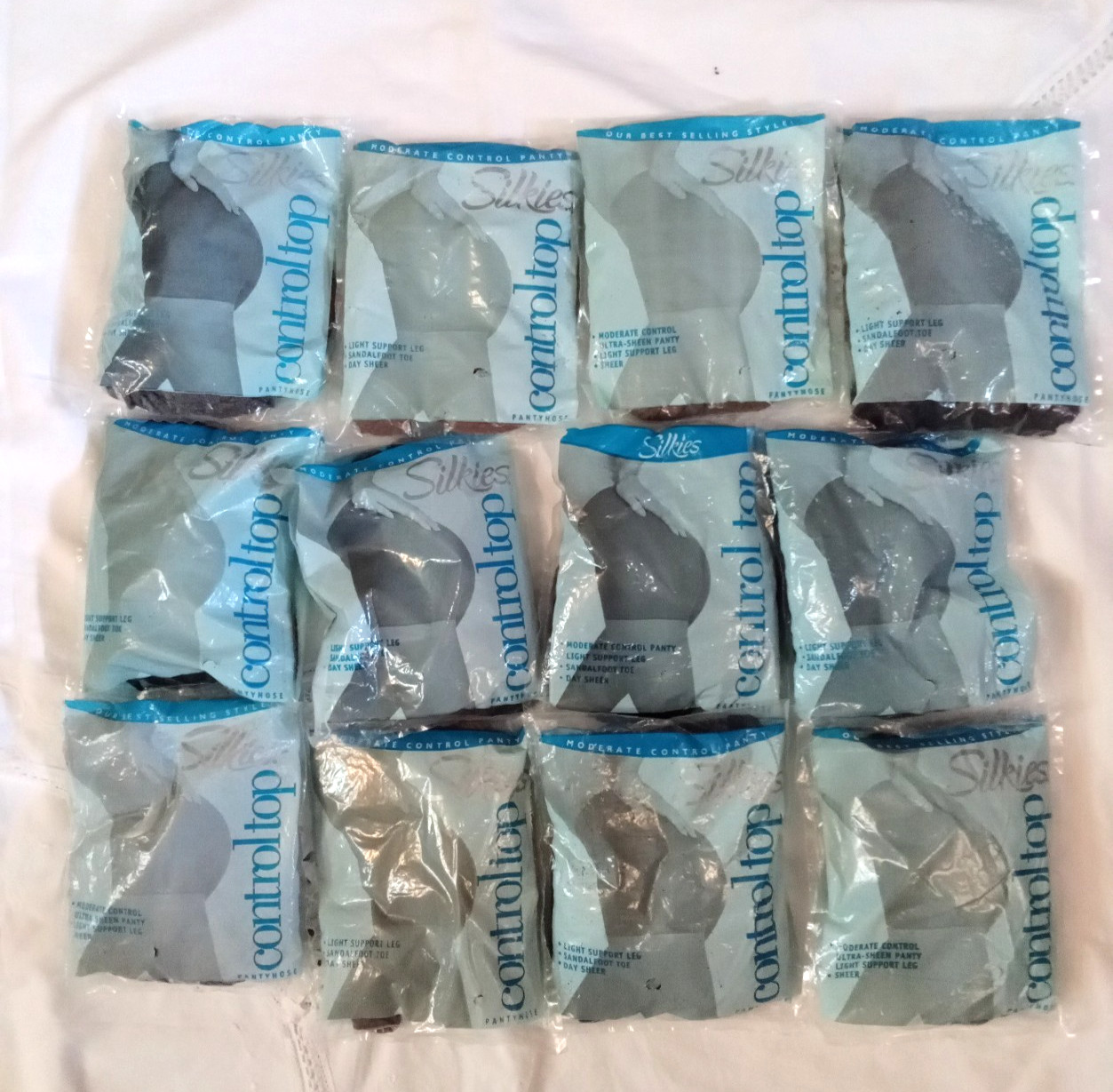 Silkies Control-Top Pantyhose Lot of 12 NOS- Sz. Med – Black, Blue, Beige