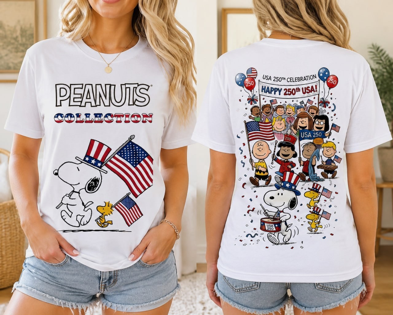 4th Of July Patriotic T-Shirt Vintage USA Snoopy Woodstock Fireworks Graphic Tee