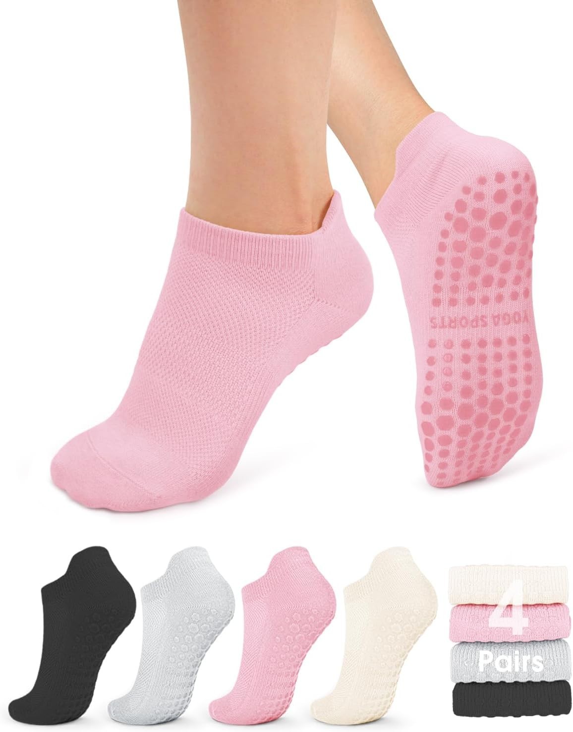 Breathable Cotton Yoga Socks for Women – 4 Pairs Non-Slip Grip for All Seasons
