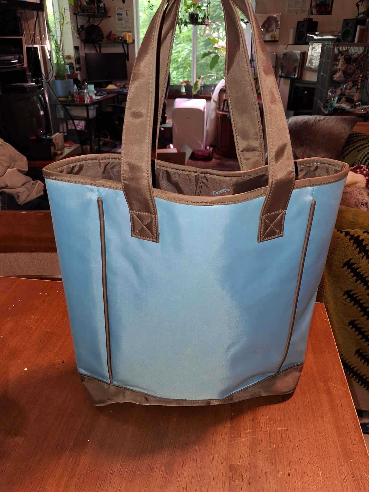 Curves Large Blue & Brown Tote Bag w/ Detachable Pouch, Pockets, Work Travel