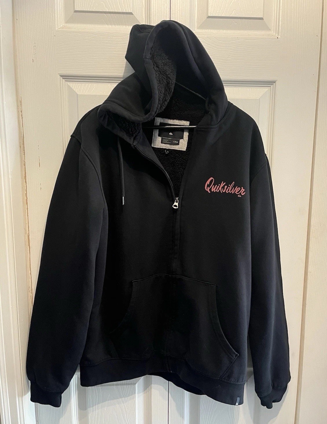 Quicksilver Black Sherpa Fleece Lined Hoodie Zip Up Jacket Pink Logo Thick Large