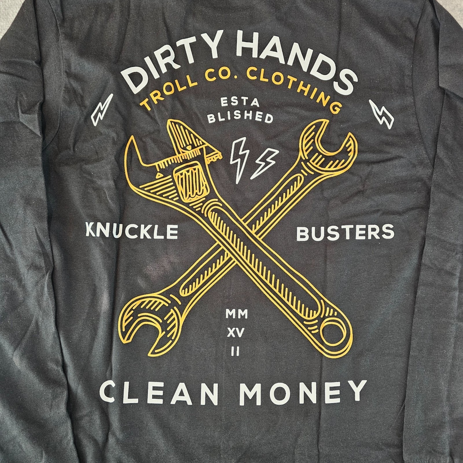 TROLL CO Dirty Hands Clean Money Twisted Wrenches Mens Black Long Sleeve Medium