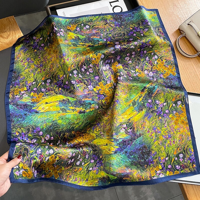 100% Silk 27″ Square Scarf Women Neckerchief Wrap Bandana Floral Oil Painting