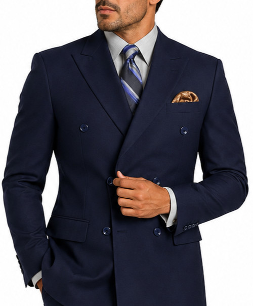 Vinci Men Navy Solid Color Double Breasted Regular Fit Suit Elastic Waist