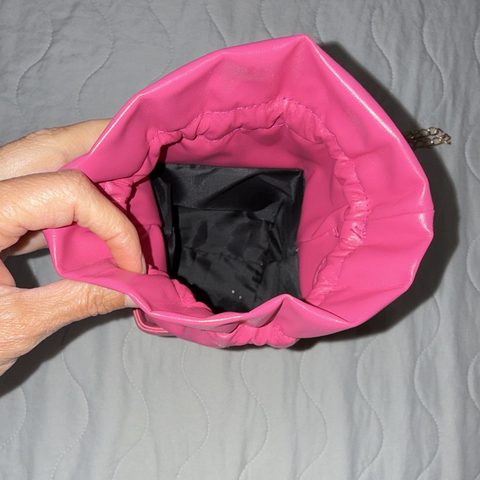 Pink Quilted Mini Crossbody Bag Drawstring Closure Gold Chain Detachable Strap