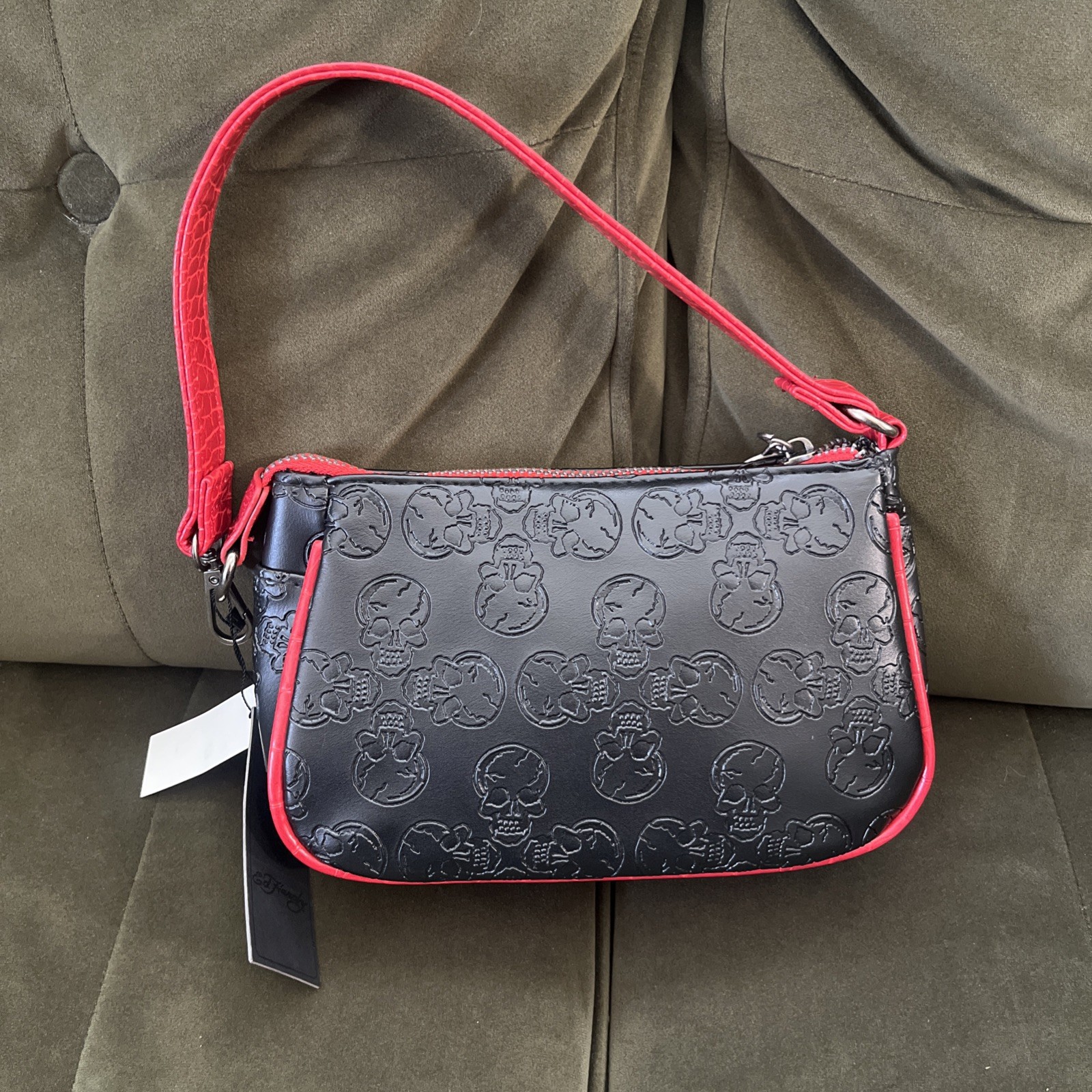 Ed Hardy Black Red Skull Embossed Studded Shoulder Bag Zip Top Silver Hardware