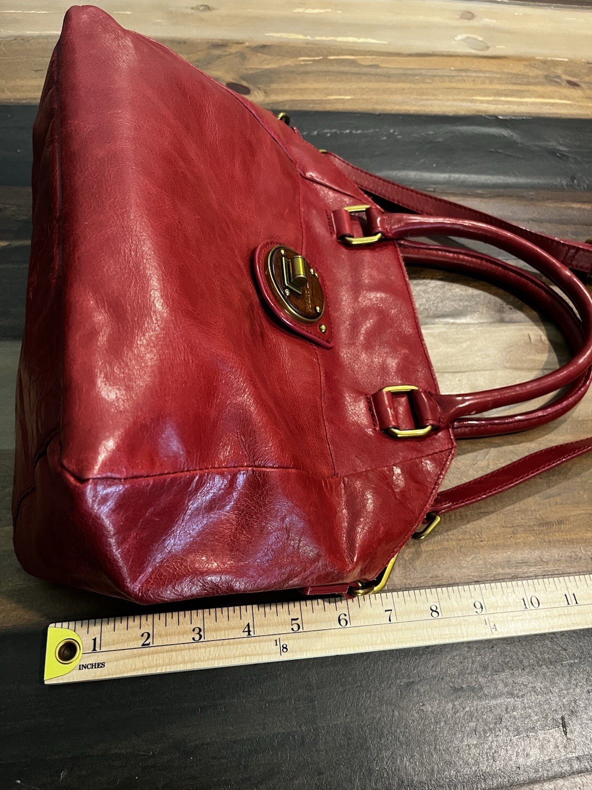 Elliott Lucca Red Large Satchel Gold Hardware Turn Lock Detachable Strap