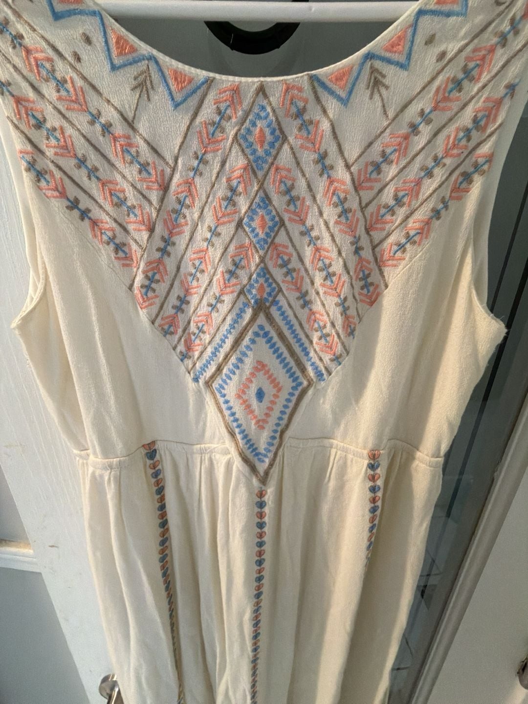 Altar’d State Cream Sleeveless Maxi Dress with Geometric Embroidery