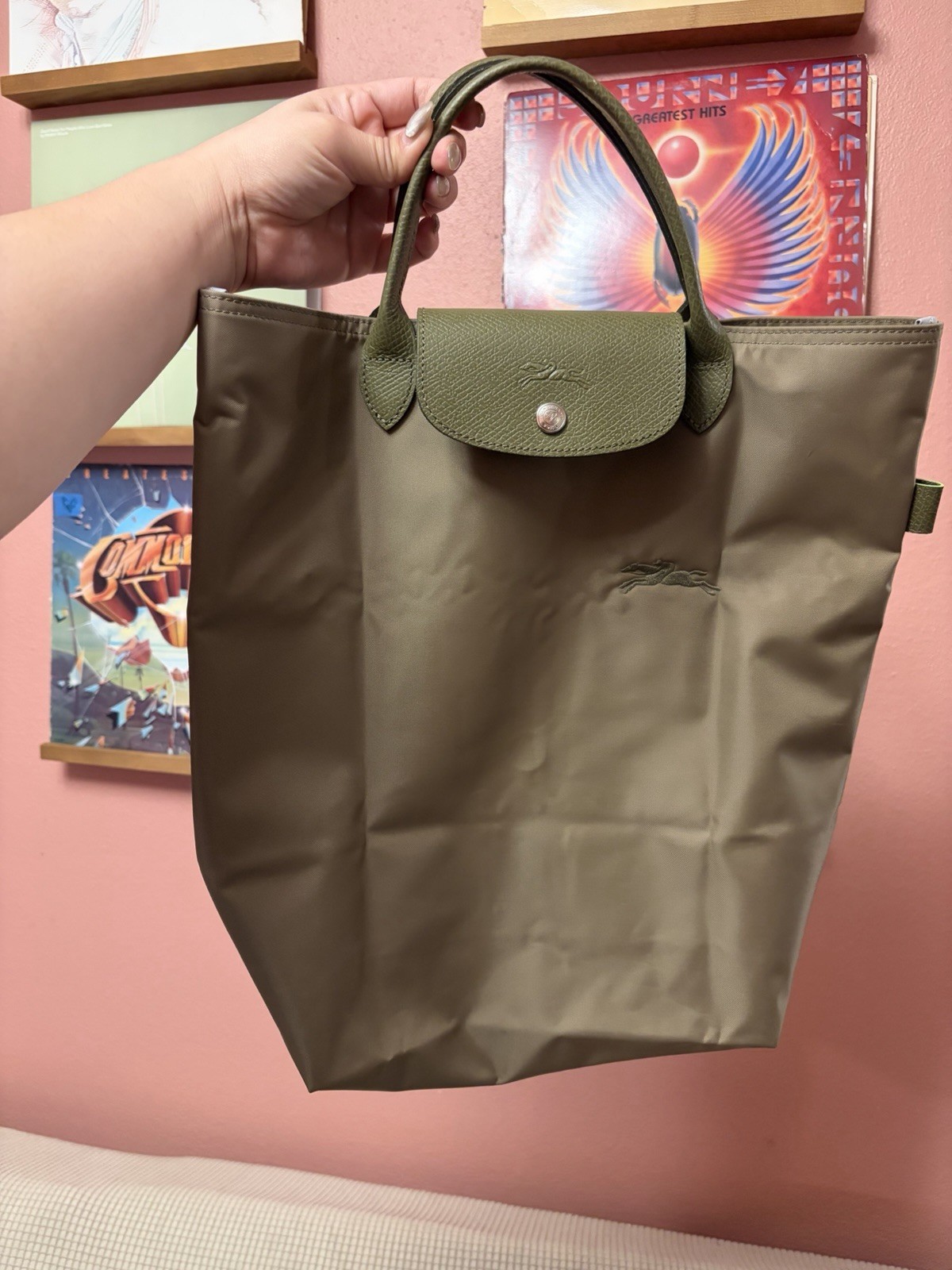 Longchamp Artichoke Green Tote Top Handle Snap Closure Silver Hardware Women
