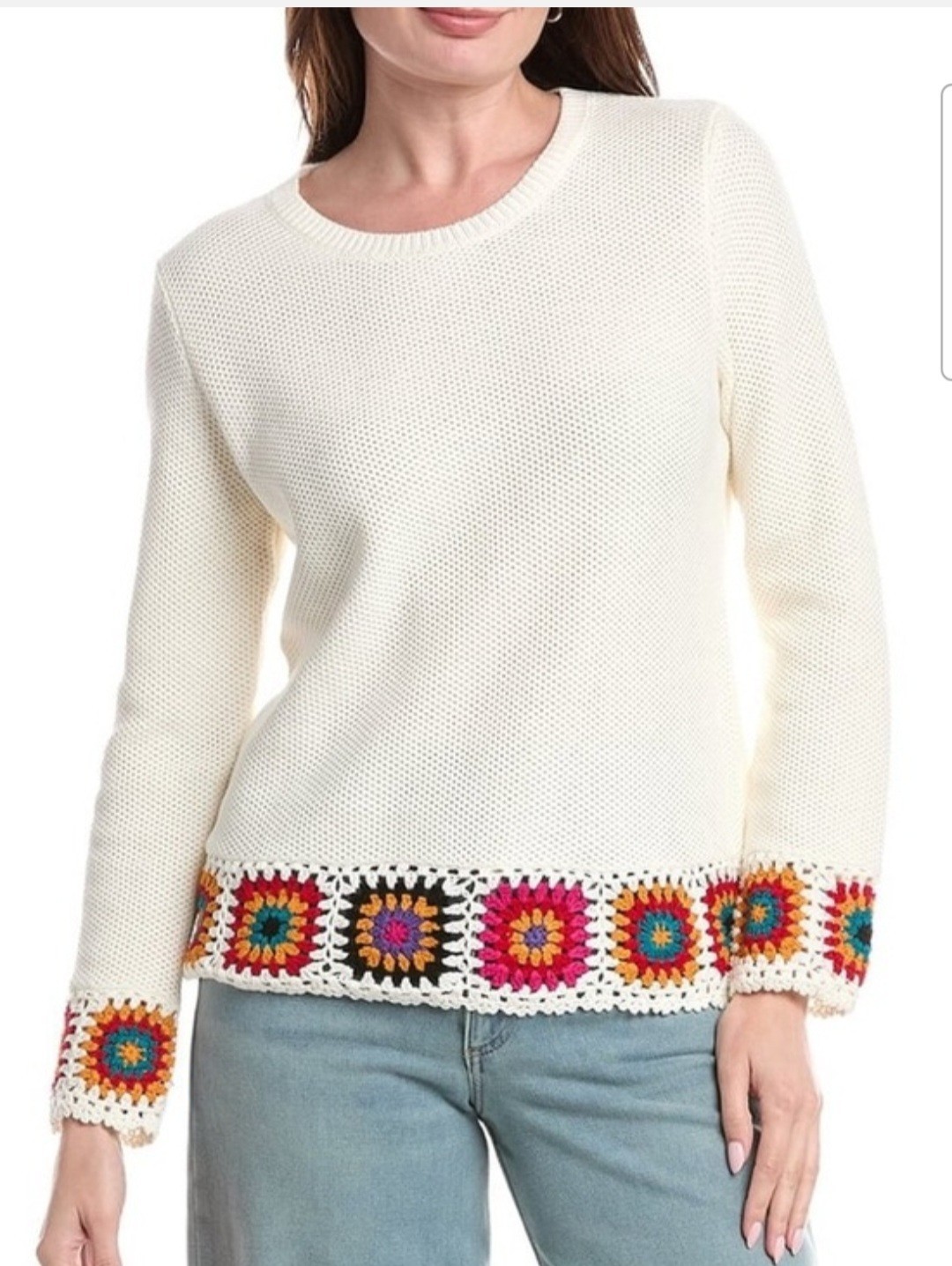 Joseph A. Women Indie Crochet Knit Ivory Multicolor Sweater Size XL NWT