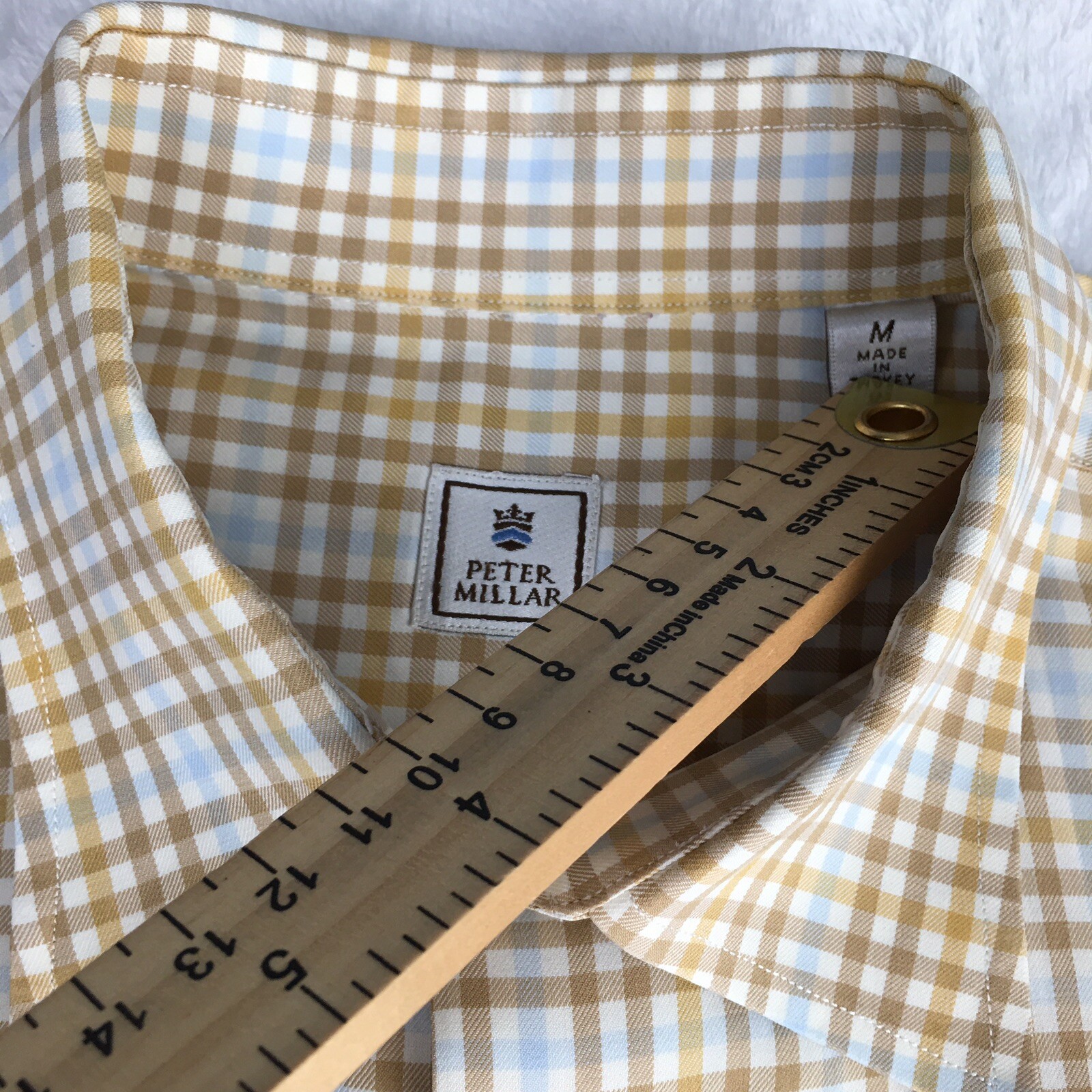 Peter Millar Dress Shirt Mens Medium Tan/Lt. Blue Checks Long Sleeves