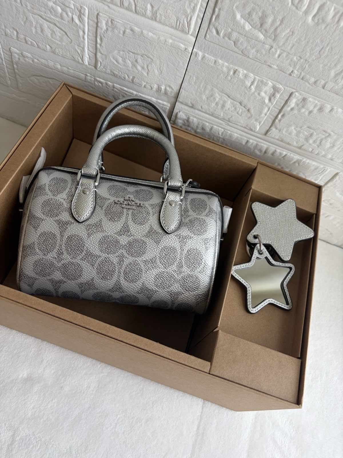 Coach Signature Logo Mini Satchel Metallic Silver/Gray Zip Strap Star Charm