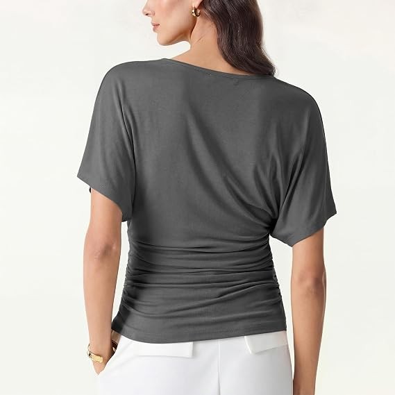 OGL x Sandwashed Effortless Boatneck Batwing Sleeve Side Ruched Top, Shadow