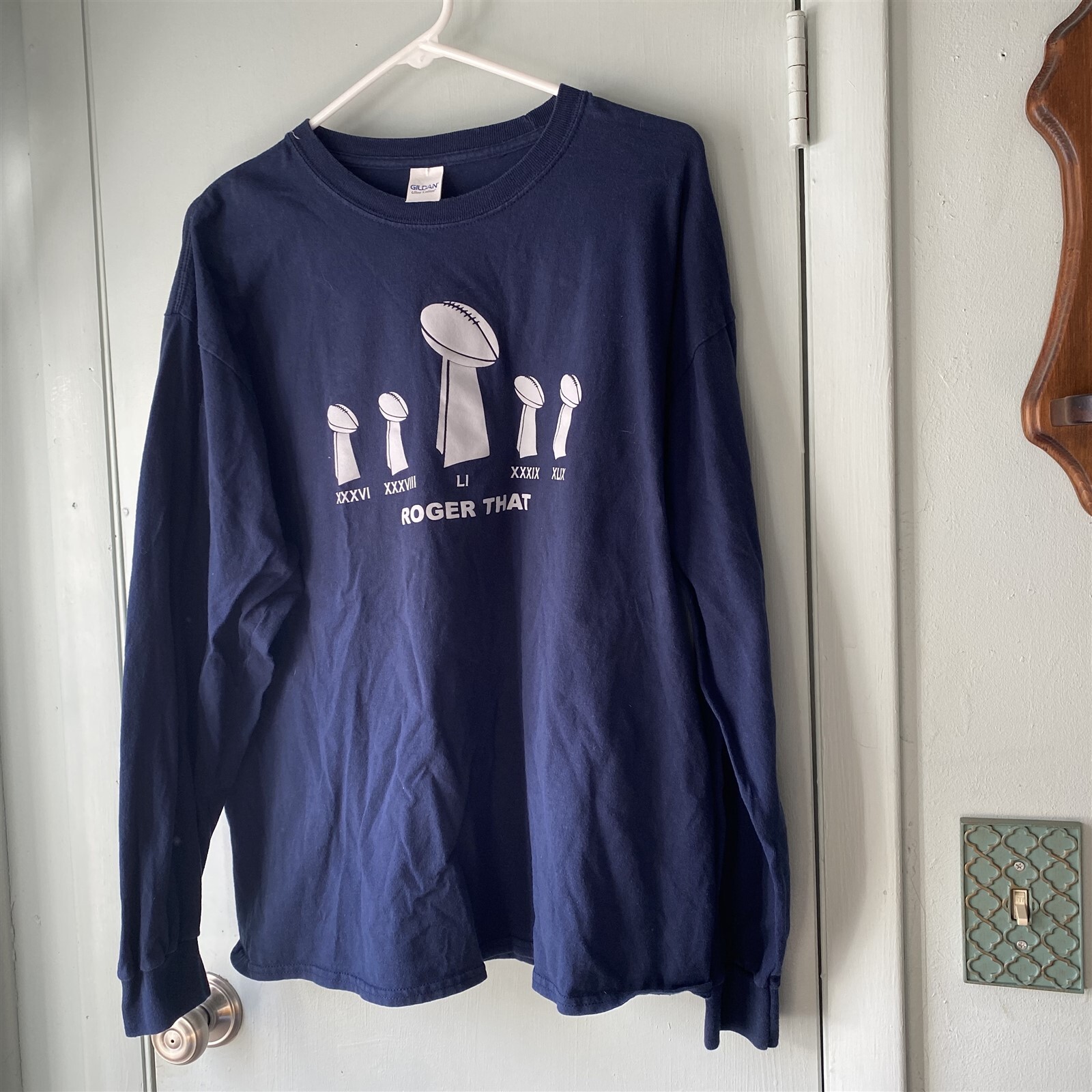 Gildan T Shirt Roger That Long Sleeve Super Bowl Trophies Brady Blue XL