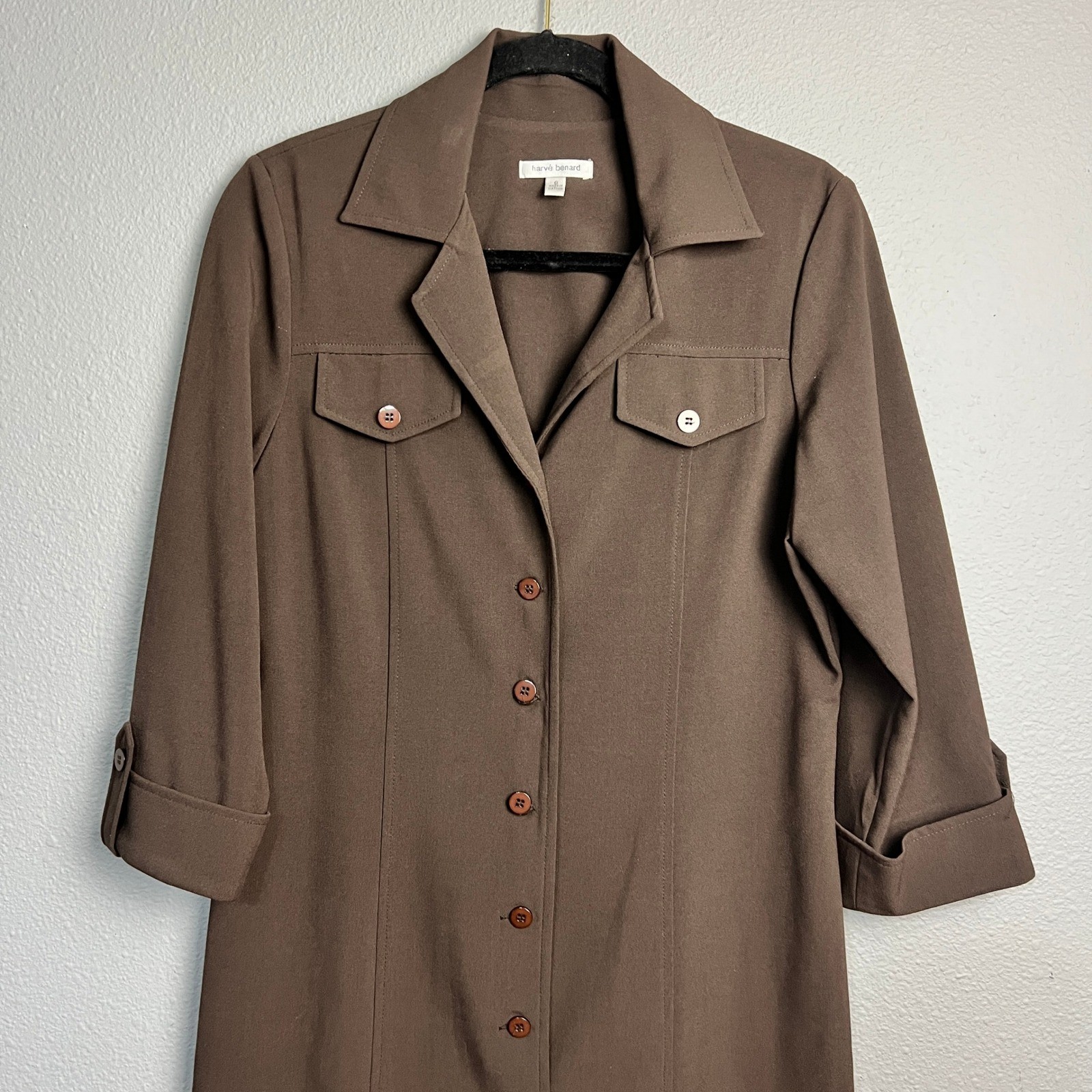 Harvé Benard Brown Button Front Shirt Dress 8 Utility Style 3/4 Sleeve Retro Mod
