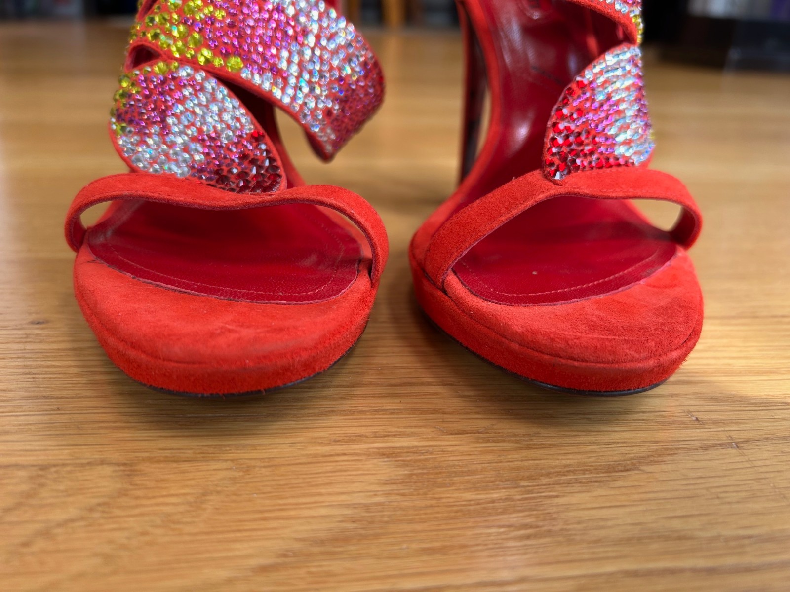 CESARE PACIOTTI Red Suede Multicolor Crystal Sandals Size 6.5 IT 36.5 Good & Box