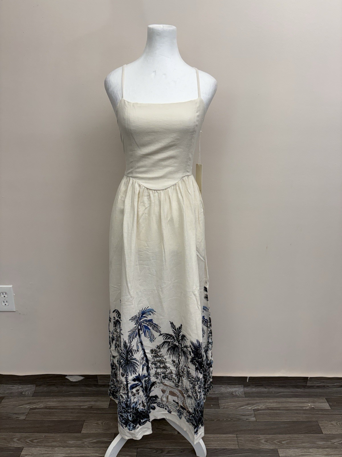 Calypso St Barth Ivory Linen Blend Boho Maxi Dress L Animal Print Resort Coastal