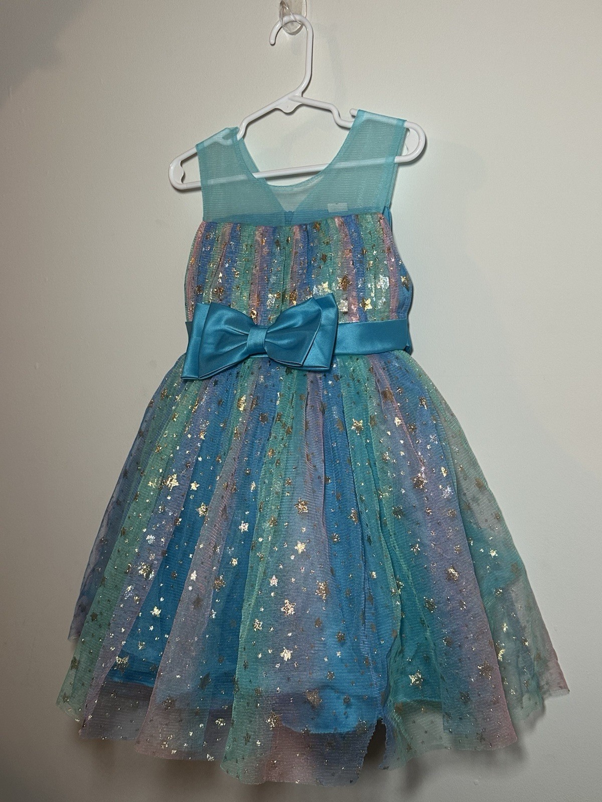5T/5Y Elegant Sheer Rainbow Tulle Dress With Bows And Gold Stars For Girls
