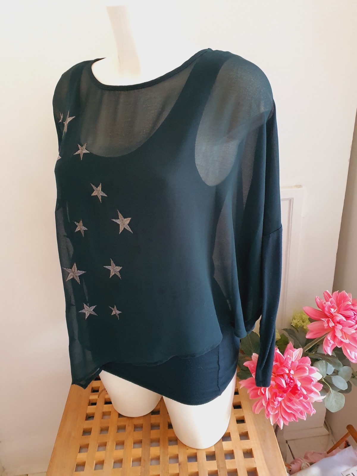 Mint Velvet Dark Green Star Embroidered Draped Top, UK Size 10