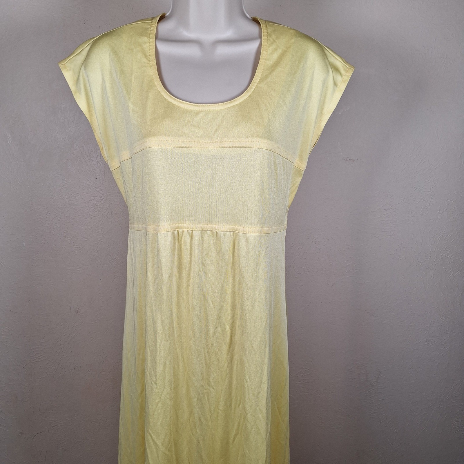 Malouf Vtg Butter Yellow Poly Empire Cap Sleeve Day Dress Maxi Floor Length 14