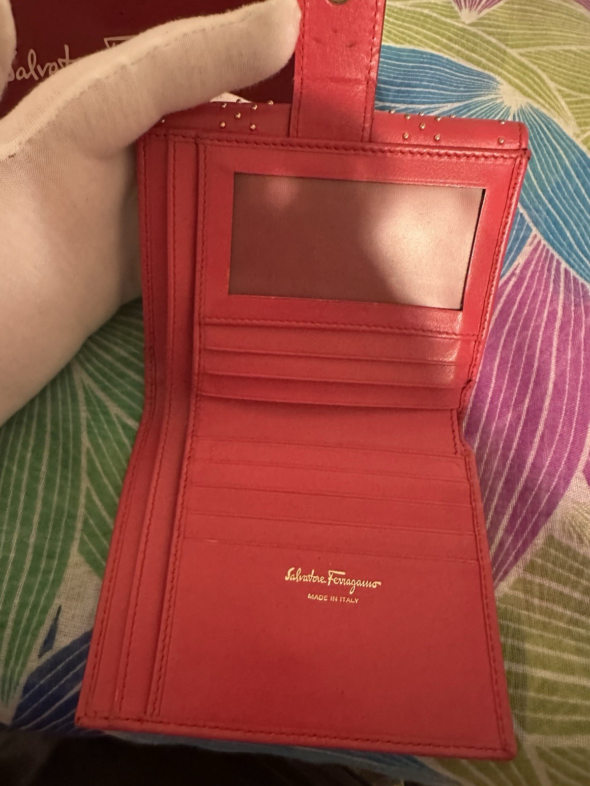 Salvatore Ferragamo Women’s Bifold Wallet, Red Solid, Studded Logo, Gold Tone